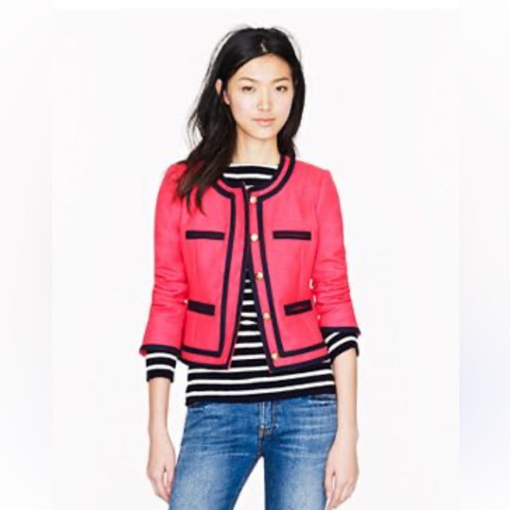 J. Crew 100% Double Serge Wool Women's Pink Jacket with Dark Navy Blue Trim.